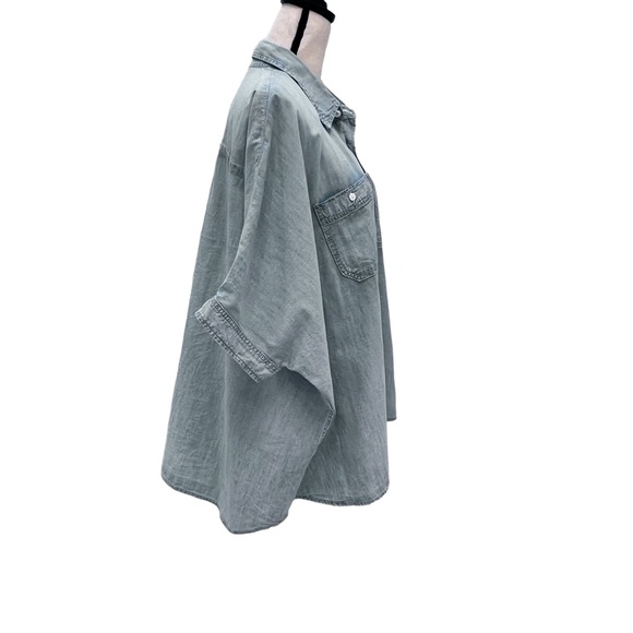 R13 FADED DENIM BLUE OVERSIZED BOXY BUTTON UP SHORT SLEEVE SHIRT - Picture 7 of 16